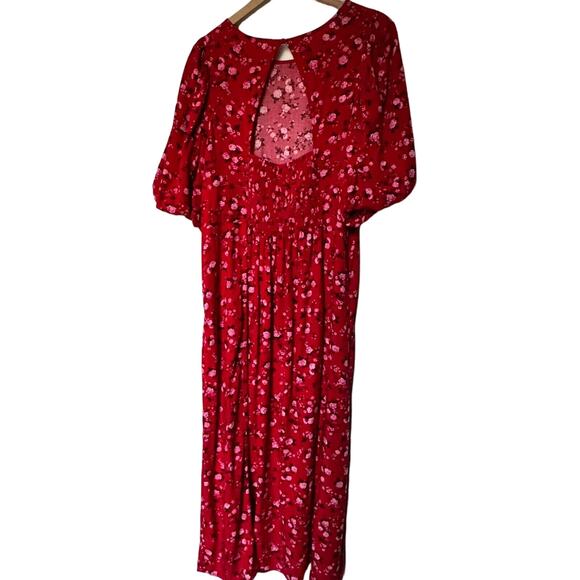 OLD NAVY 2X Red Pink Floral Rose Prairie Cottage Short Sleeve Smocked Maxi Dress - Picture 4 of 13